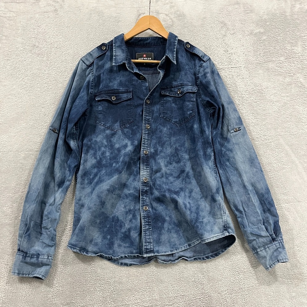 Airwalk Shirt Mens Small Chambray Tie Dye Button Up Roll‎ Tab Sleeve Western Y2K
